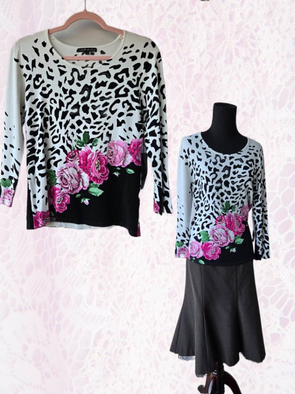 Y2k Vintage Pink Beaded Rose and Leopard Print Long Sleeve Blouse Indie